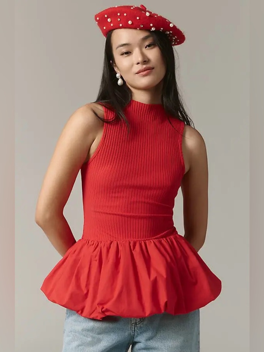 Anthropologie Maeve Bubble Peplum Tank L Red Ribbed Holiday Coquette Party Top